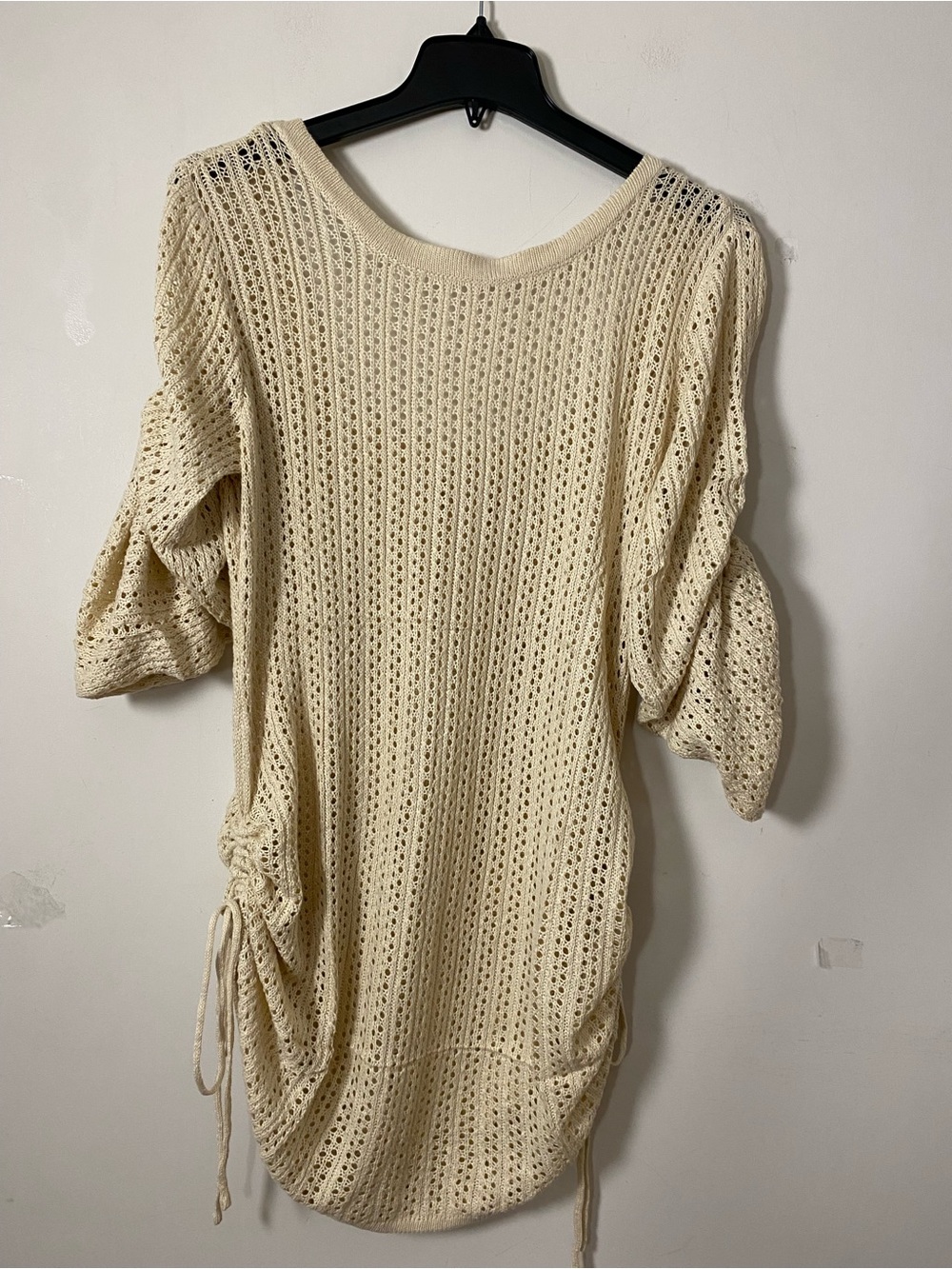 Cream Open-Knit Women’s Pullover Top with drawstrings